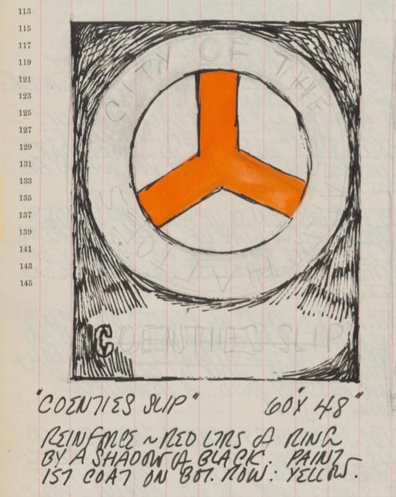 Detail from Robert Indiana's journal entry for July 2, 1962 with a sketch of the in progress painting Coenties Slip