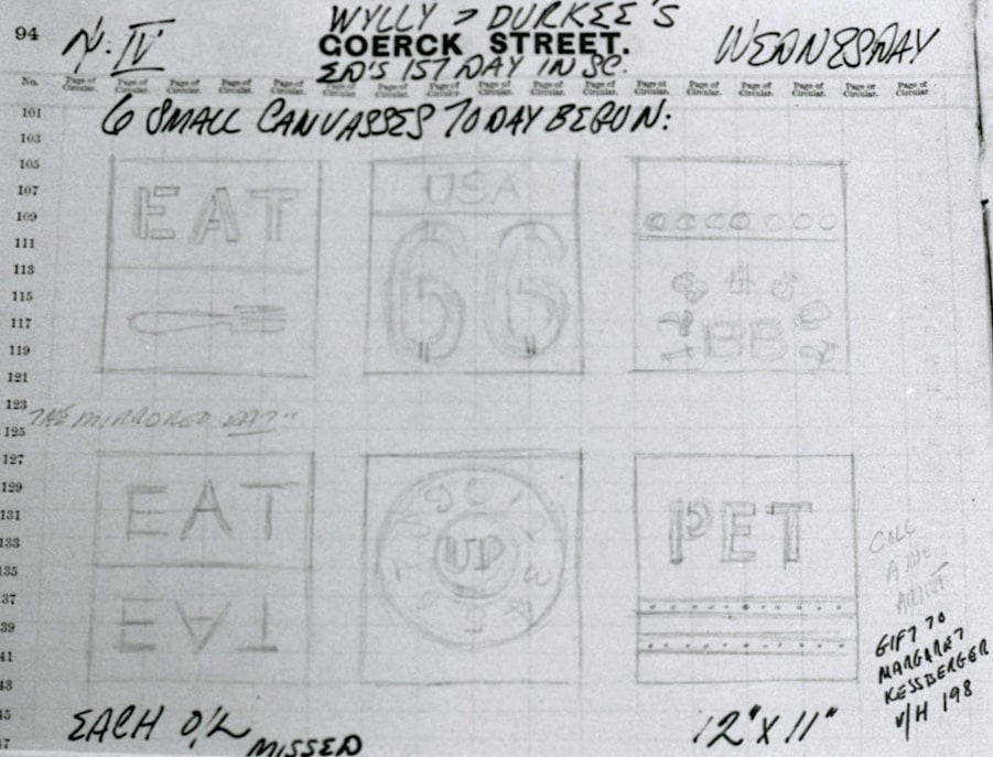 Detail from Robert Indiana's journal entry for April 4, 1962, which includes sketches of six small paintings: Eat, Route 66, BB, Eat, Up, and Pet