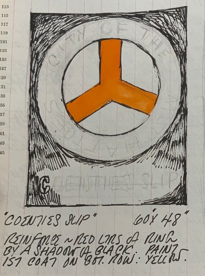 Detail from Robert Indiana's journal entry for July 2, 1962, featuring a sketch of the painting Coenties Slip