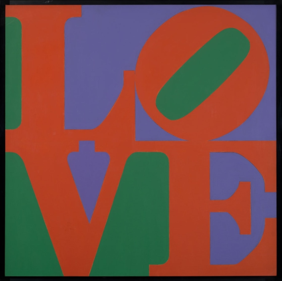 A 38 inch square painting titled Philadelphia LOVE. The top half of the painting contains the letters L and a tilted O, and the bottom V and E. The letters are red, set off against areas of purple and green.