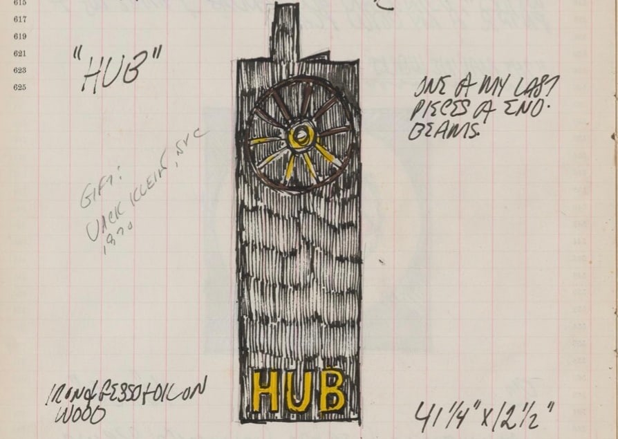Black and white detail from Robert Indiana's journal entry for&nbsp;&nbsp;April 26, 1962 featuring a sketch of the sculpture Hub