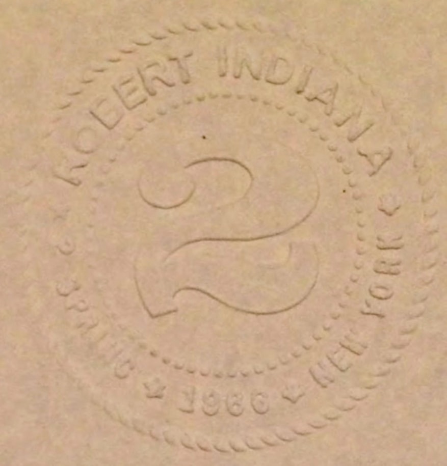 The letterhead stamp Indiana used for corresondence while living at 2 Sping Street. The ringed cicrcular design echoes that of The Great American Dream: Extra (1971) and other rubbings
