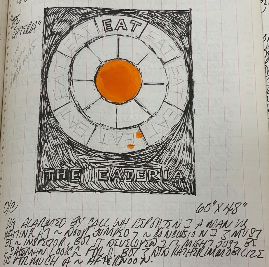Detail from Robert Indiana's journal entry for May 7, 1962, featuring a black white and red sketch of the painting The Eateria