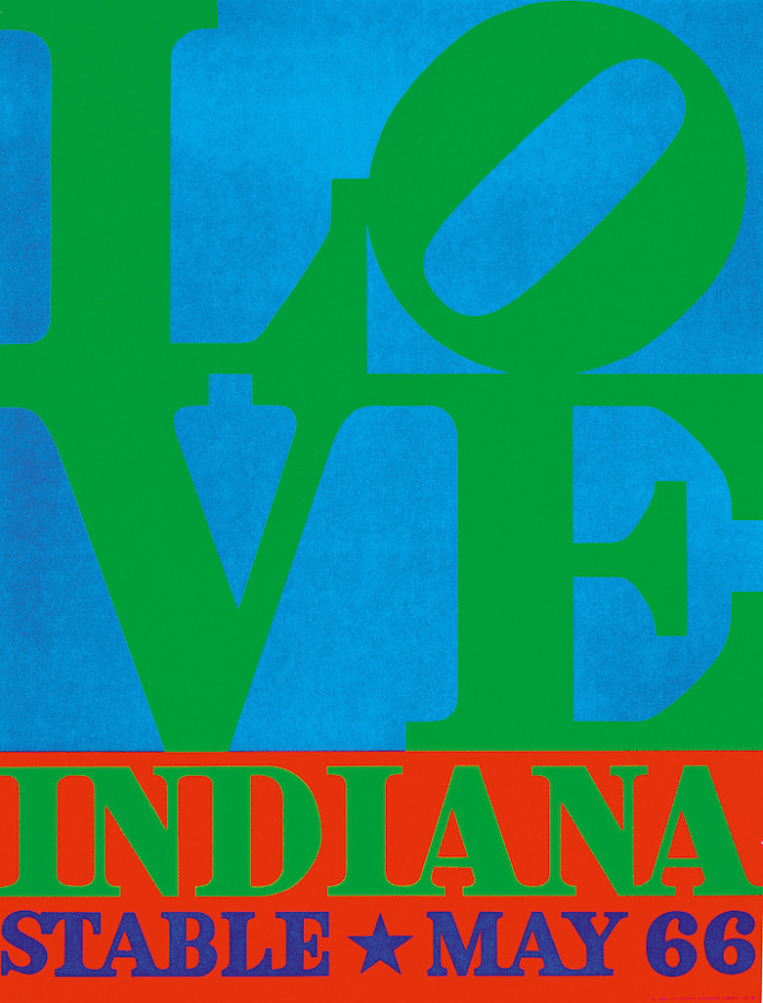 Poster for Indiana's 1966 show at the Stable Gallery with a green LOVE design, the L and a tilted O above the V and E, against a blue background