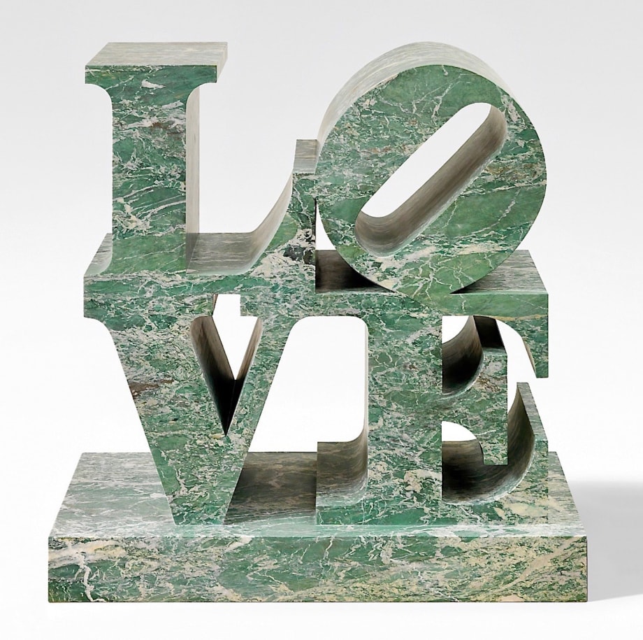 LOVE is a 62 13/16 by 62 15/16 by 35 5/8 inch, including the base, Malachite marble sculpture with the letters L and a tilted O stacked above the letters V and E.
