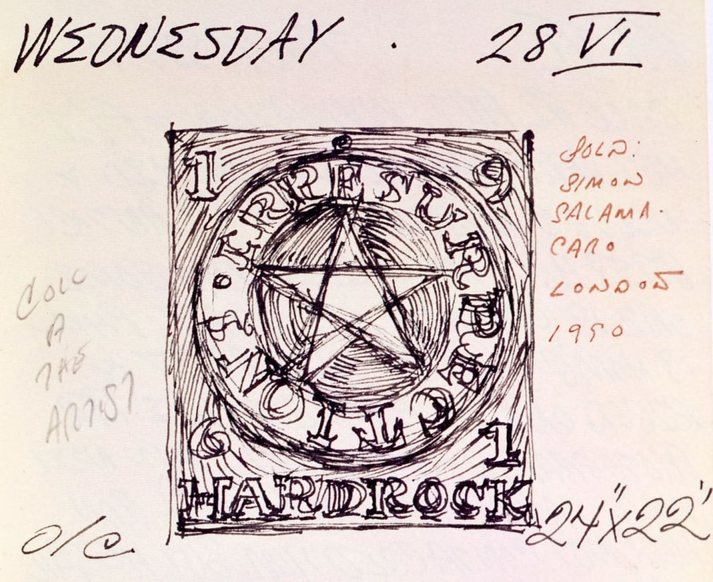 Robert Indiana's journal entry for June 28, 1961, featuring a black and white sketch of the painting Hardrock