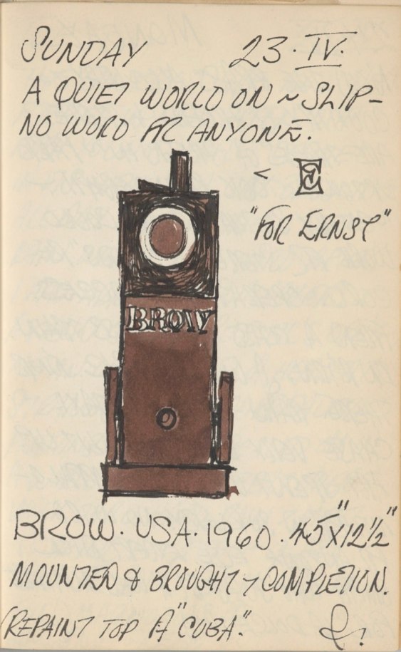 Robert Indiana's journal entry for&nbsp;April 23, 1961 featuring a sketch of the sculpture Brow