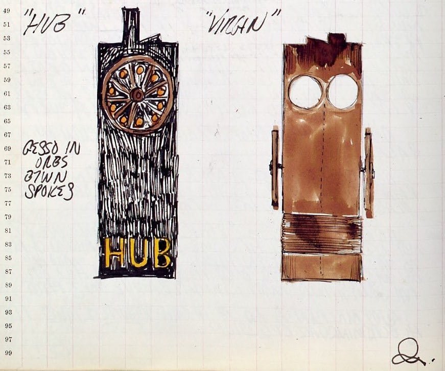 Detail from Robert Indiana's journal entry for June 25, 1962 featuring color sketches of the sculptures The Virgin and Hub