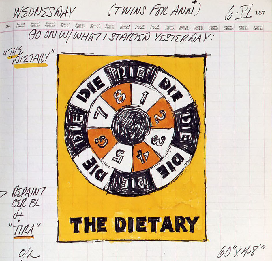 Detail from Robert Indiana's journal entry for June 6, 1962 with a color sketch of the painting The Dietary