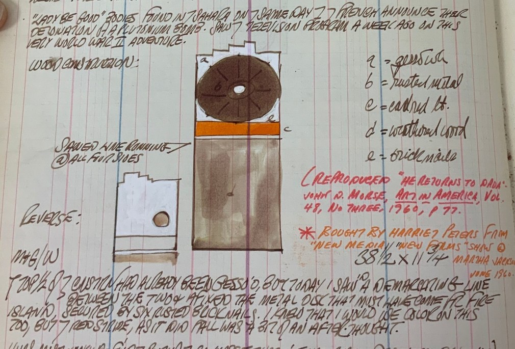 Detail from Robert Indiana's journal entry for February 13, 1960, featuring a sketch of French Atomic Bomb