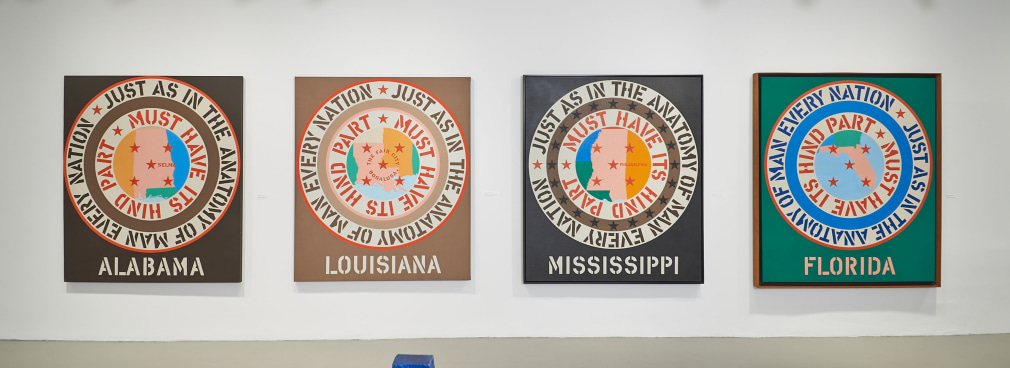 Installation view of Indiana&#039;s Confederacy series, left to right, Alabama (1965),&nbsp; Louisiana (1965), Mississippi (1965), and Florida (1966), in Robert Indiana: Beyond LOVE, Whitney Museum of American Art, New York, September 26, 2013&ndash;January 5, 2014, &nbsp;