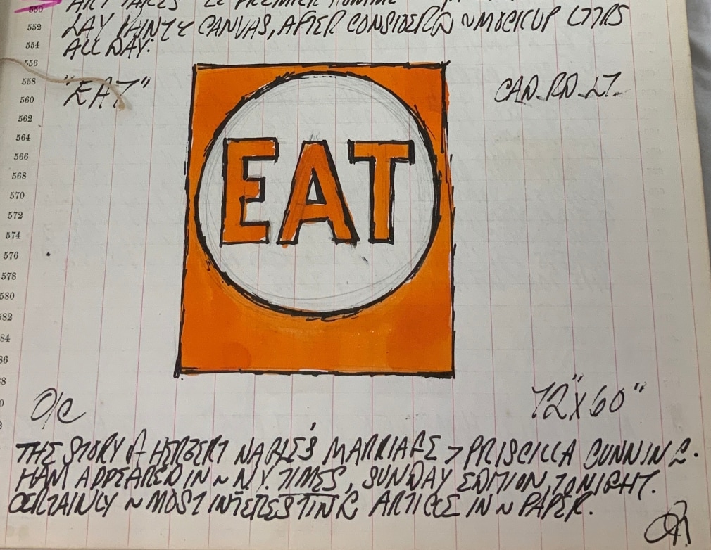 Excerpt from Robert Indiana's journal page for January 13, 1962 featuring a color sketch of the Eat panel from the painting Eat/Die