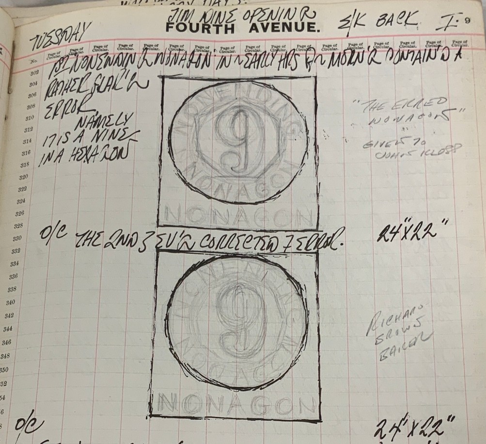 Detail from Robert Indiana's journal entry for January 9, 1962 with a sketch of Polygon: Nonagon and The Erred Nonagon