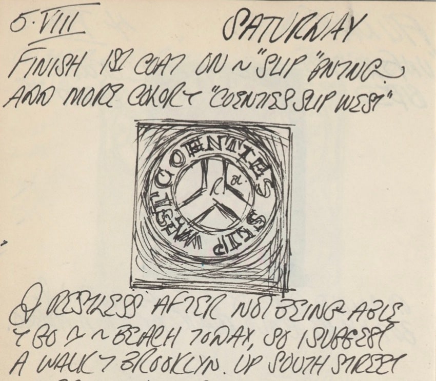 Detail from Robert Indiana's journal entry for August 5, 1961 with a small sketch of Coenties Slip West