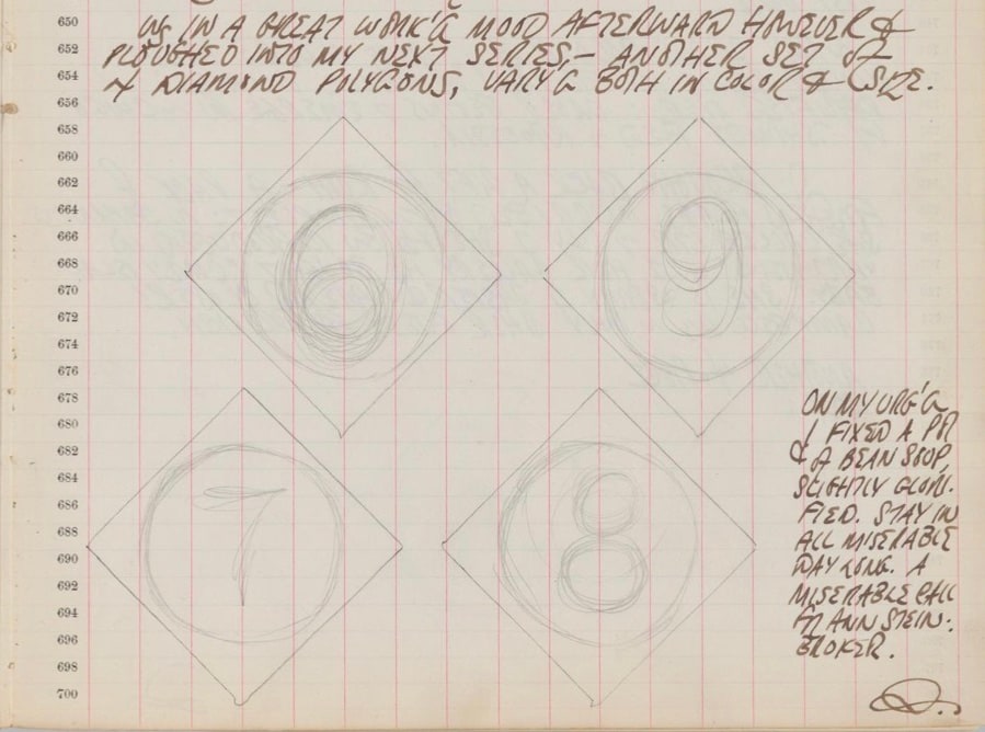 Detail from Robert indiana's journal entry for December 29, 1962 with sketches of four diamond number paintings, a 6, 9, 7, and 8