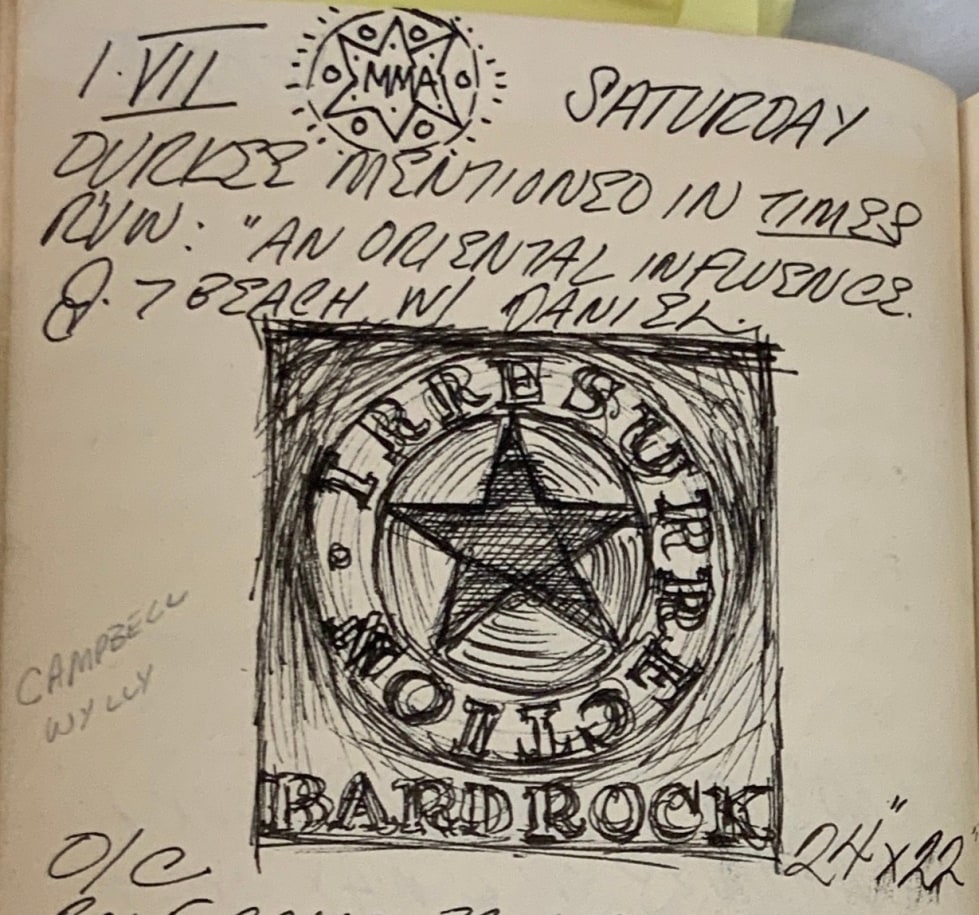 Detail from Robert Indiana's journal entry for July 1, 1961 with a sketch of Bardrock