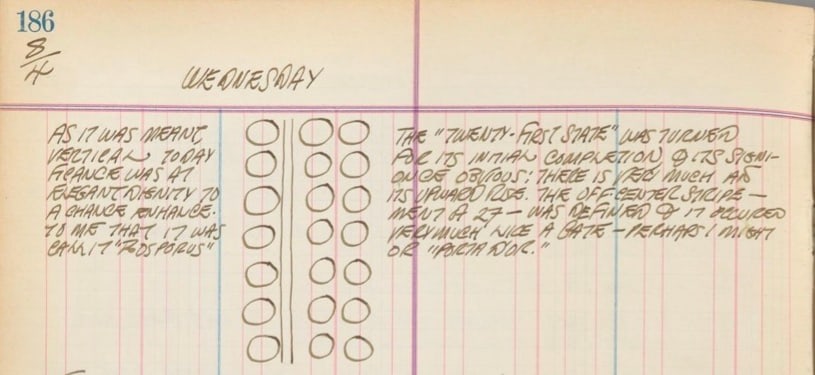 Detail from Robert Indiana's journal entry for April 8, 1959 with a sketch of Twenty-one Golden Orbs