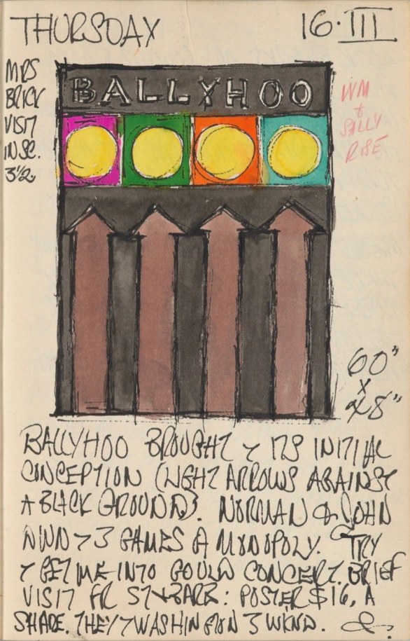 Robert Indiana's journal entry for March 16, 1961 featuring a sketch of the painting Ballyhoo