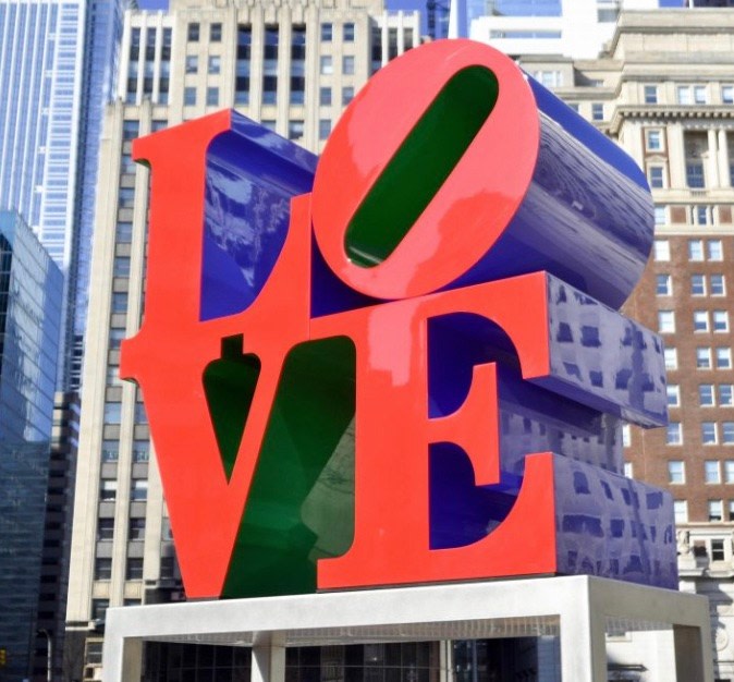 Indiana's red, purple, and green LOVE sculpture, on display in John F. Kennedy Plaza, Philadelphia