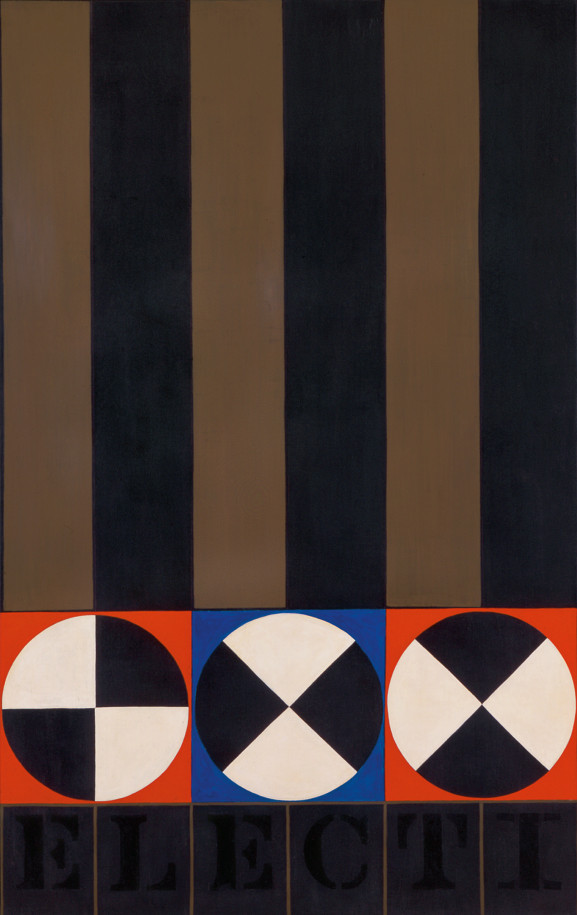A painting dominated by three brown and three black vertical stripes. Three orbs appear in the bottom third of the painting. Each is divided into black and white triangles; the central one is contained in a blue square, the ones to the left and right in red squares. Below this is the painting's title, Electi, in black letters.