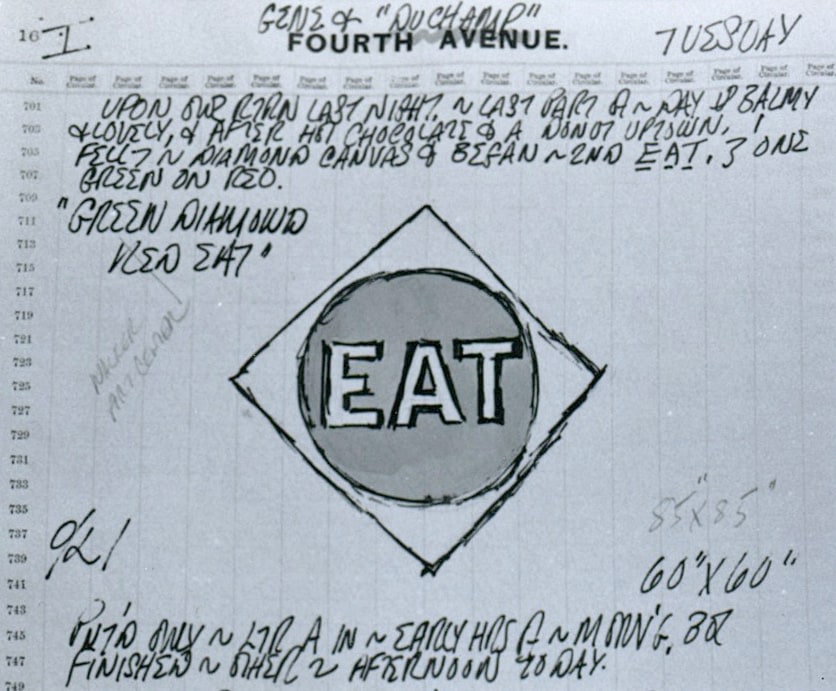 Excerpt from one of Robert Indiana's January 1962 journal pages featuring a sketch of the. EAT panel from The Green Diamond Eat/The Red Diamond Die