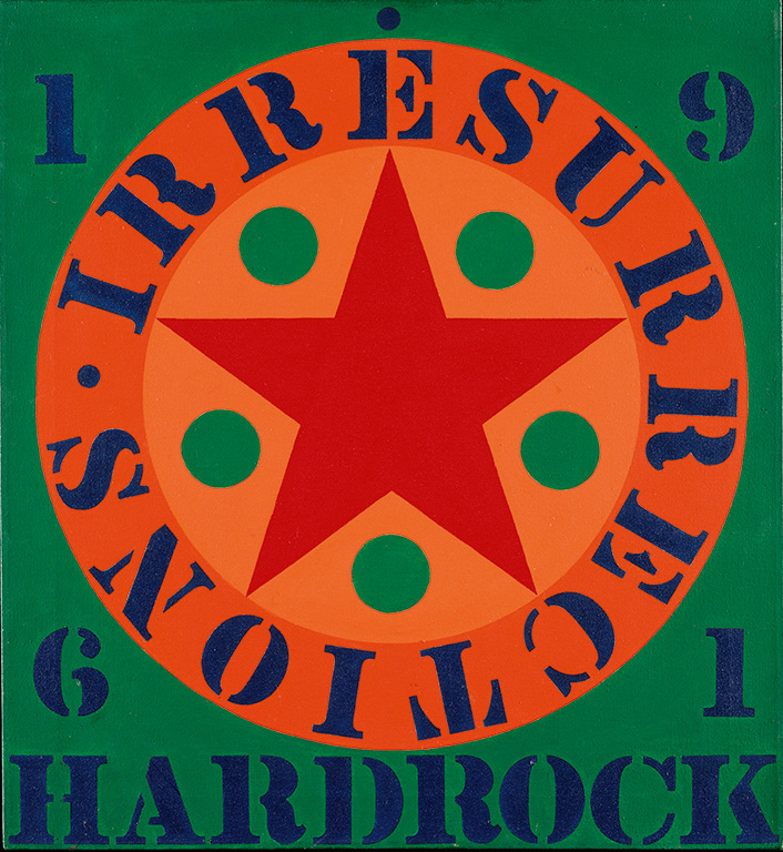 A 24 by 22 inch painting dominated by an orange circle against a green background. A red star is in the center of the circle, with green circles in between each of the star's arms. The word irresurrections is painted in blue stenciled letters in a ring surrounding the star. A blue numeral one appears in the upper left of the canvas, a blue nine in the upper right, a blue six in the lower left and a blue one in the lower right. The work's title, Hardrock, is painted in blue stenciled letters across the bottom of the canvas.