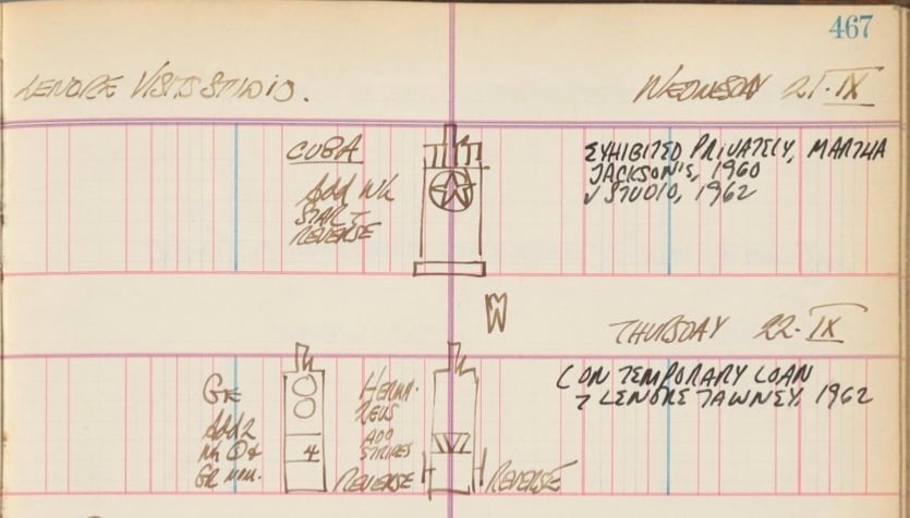 Robert Indiana's journal entries for September 21&ndash;22, 1960; the entry for September 21 features a sketch of the herm Cuba, the entry for September 22 features sketches of the herms Ge and Zig