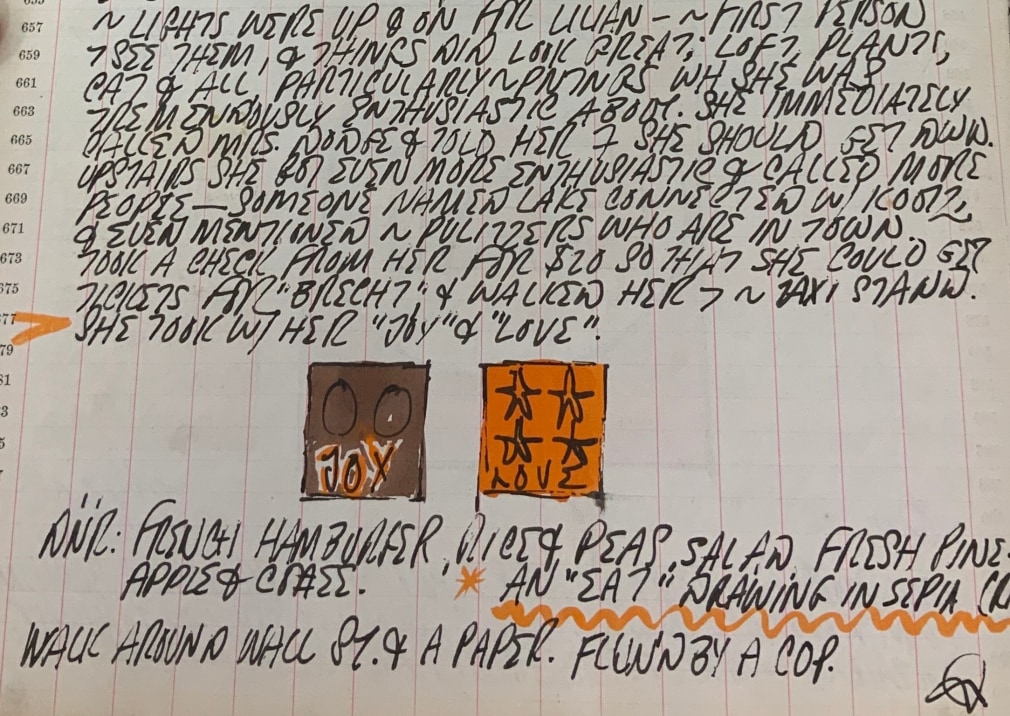 Detail from Robert Indiana's journal entry for January 14, 1962, with small sketches of the paintings Joy and 4-Star Love