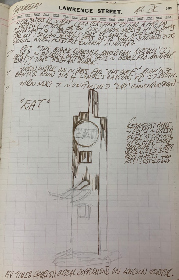 Robert Indiana's journal entry for September 22, 1962 featuring a sketch of the herm Eat