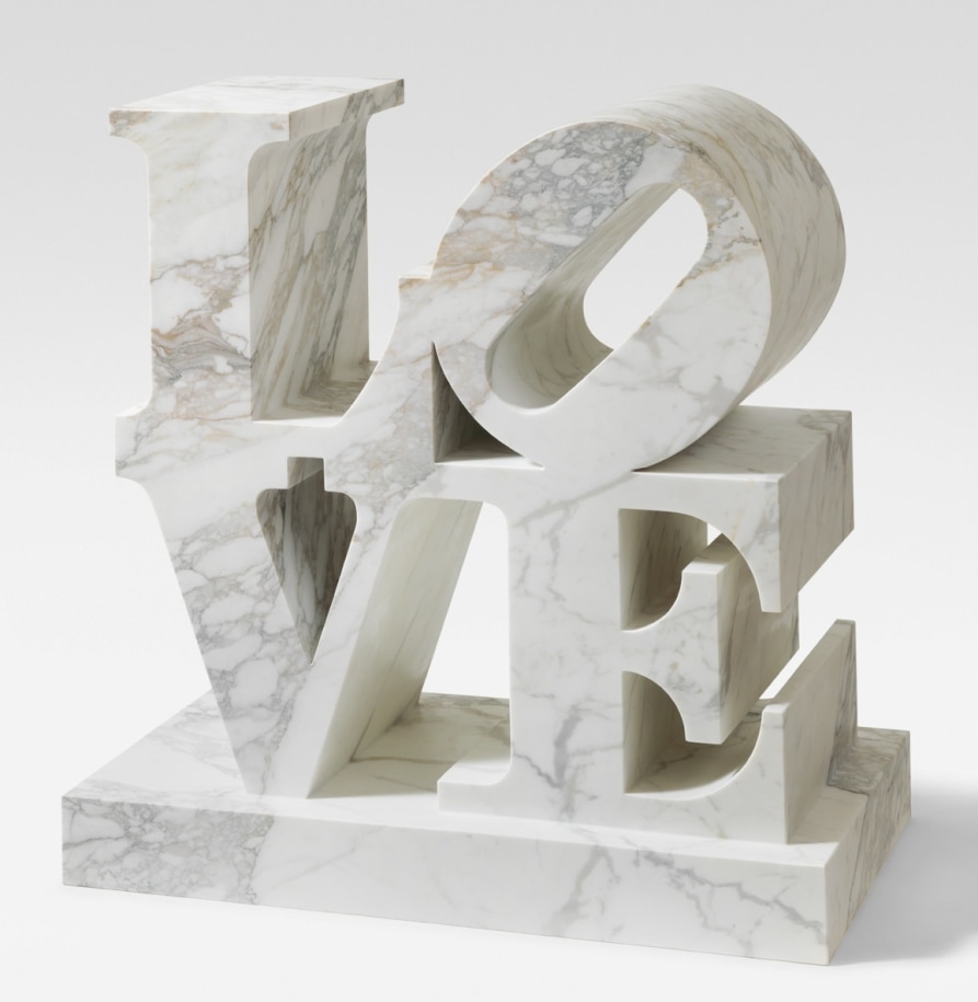 LOVE is a 44 3/4 by 44 3/4 by 24 7/8 inch, including the base, calcatta oro marble sculpture with the letters L and a tilted O stacked above the letters V and E.