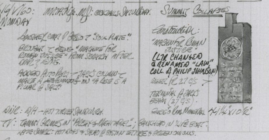 Black and white detail from Robert Indiana's journal entry for May 16, 1960 featuring a sketch of Law