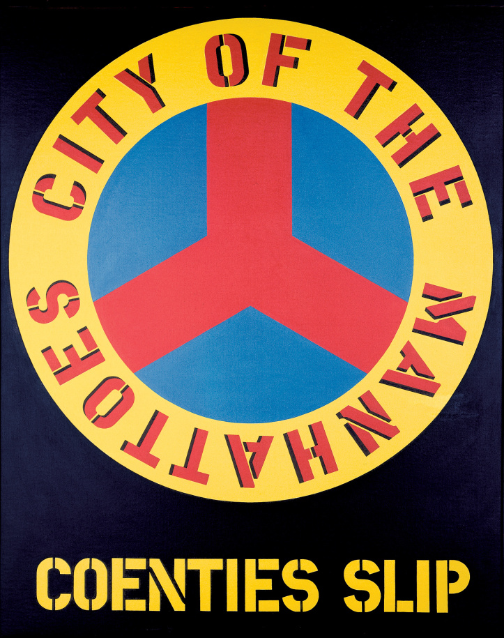 A 60 by 48 inch painting with a black ground. The painting's title, Coenties Slip, appears in yellow letters across the bottom of the canvas. Above this is a circle with a  yellow ring containing the text &quot;City of the Manhattoes&quot; in red stenciled letters. Inside the blue circle is a red stylized representation of Coenties Slip.