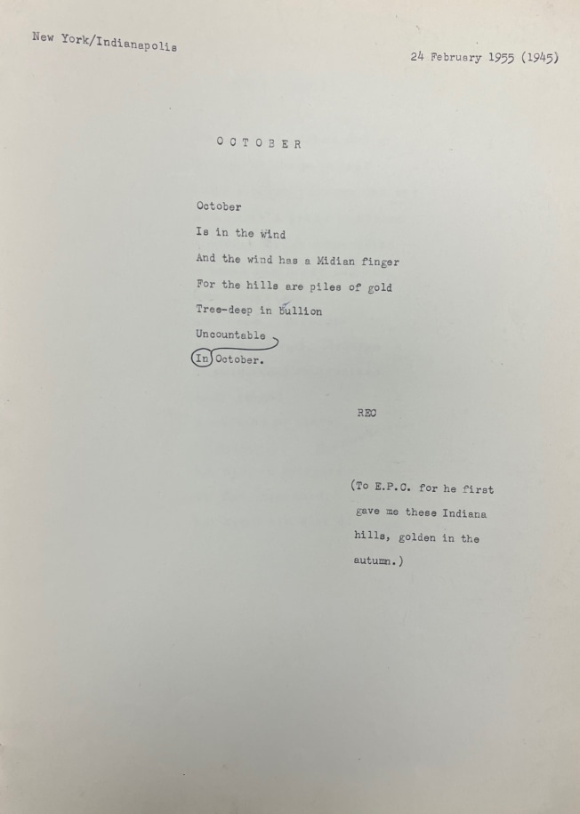 Revised draft of Indiana&#039;s poem, &quot;October,&quot; February 24, 1955, &nbsp;