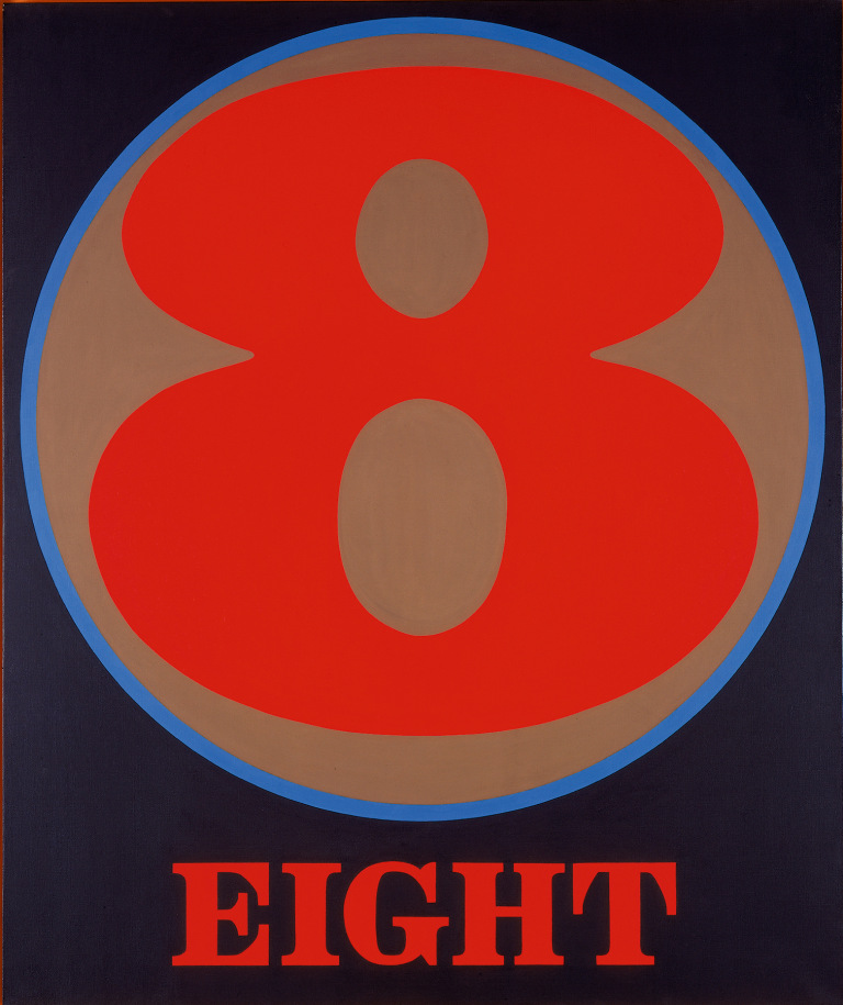 A 60 by 50 inch black canvas dominated by a red numeral eight within a brown circle with a blue outline. Below the circe the work's title, &quot;Eight,&quot; is painted in red letters.