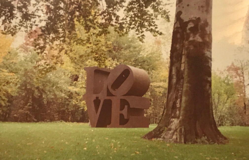 1971 photograph of Indiana&#039;s 144-inch Cor-Ten steel LOVE (1966&ndash;1999) which he sent to Eliot Elisofon, with the note &quot;under a beech in Naptown&quot;, &nbsp;