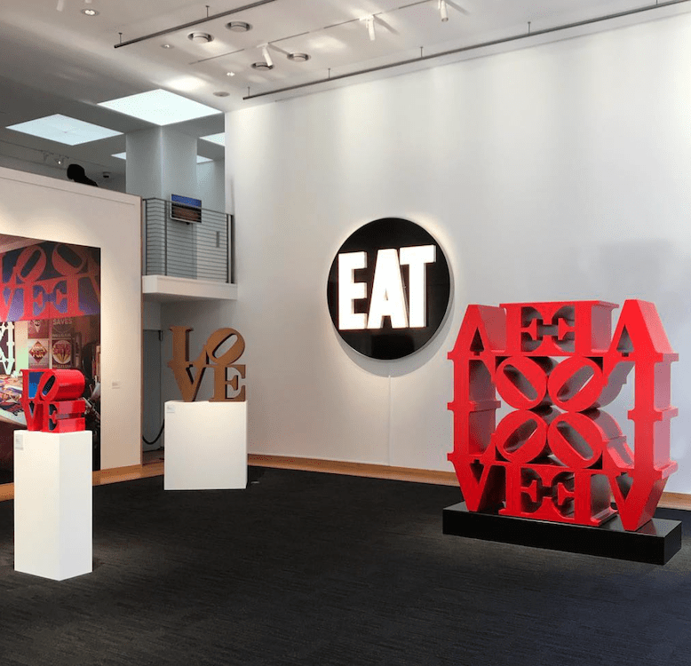 Installation view of Love &amp;amp; Peace: Robert Indiana Memorial Exhibition, Contemporary Art Foundation, Tokyo, November 27&ndash;December 2, 2018, left to right, LOVE (1966&ndash;1999), LOVE (1966&ndash;1999), The Electric EAT (1964&ndash;2007), and LOVE Wall (1966&ndash;2007)