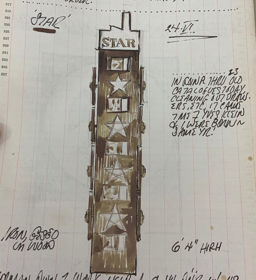 Detail from Robert Indiana's journal entry for June 23, 1962 including a sketch of the sculpture Star