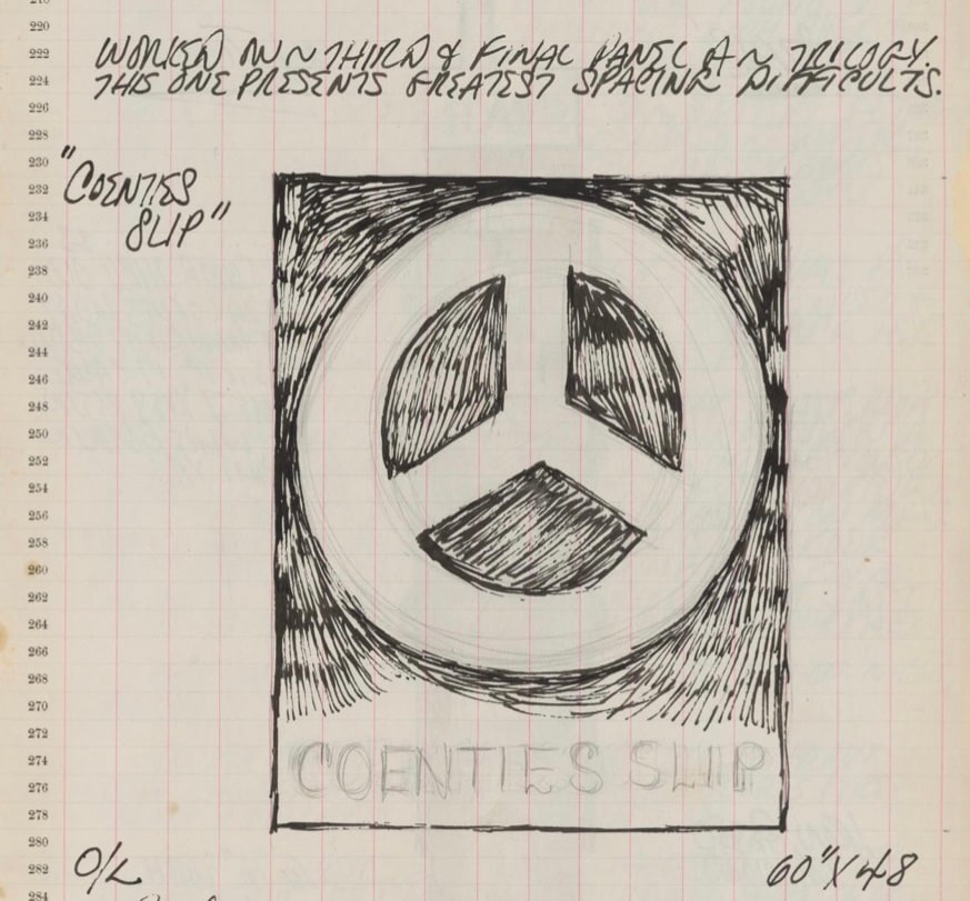 Detail from Robert Indiana's journal entry for June 22, 1962 which includes a sketch of the Coenties Slip panel of The Melville Triptych