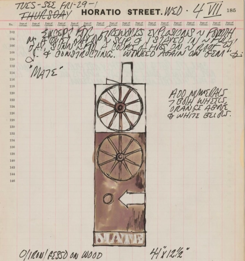 Black and white detail from Robert Indiana's journal entry for July 4, 1962, featuring a sketch of the herm Mate