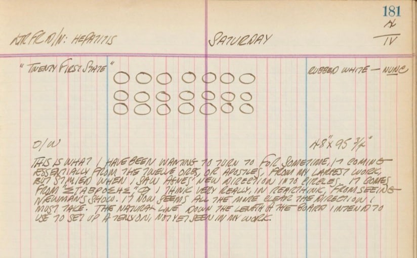 Robert Indiana's journal entry for&nbsp;April 4, 1959, featuring a horizontal sketch of Twenty-one Golden Orbs