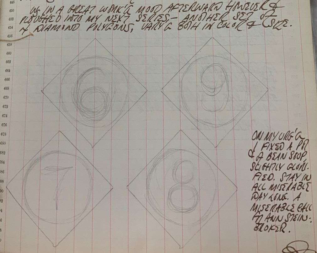 Detail from Robert indiana's journal entry for December 29, 1962 with sketches of four diamond number paintings, a 6, 9, 7, and 8