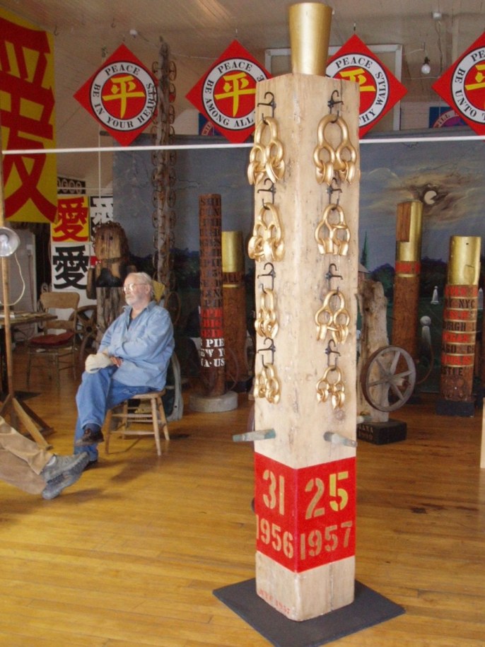 Indiana in his sail loft studio in Vinalhaven, 2004. A Life in Vinalhaven (2000) is visible in the rear, behind him