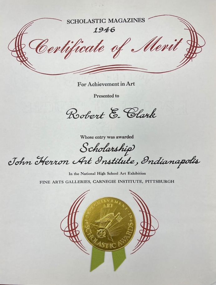 Certificate of Merit for Achievement in Art awarded to Indiana, then known as Robert E. Clark, from Scholastic Magazines, 1946, &nbsp;