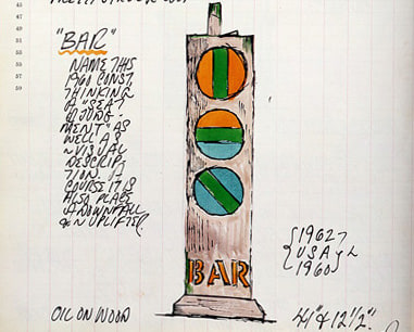 Detail from Robert Indiana's journal entry for&nbsp;April 28, 1962 with a color sketch of the sculpture Bar