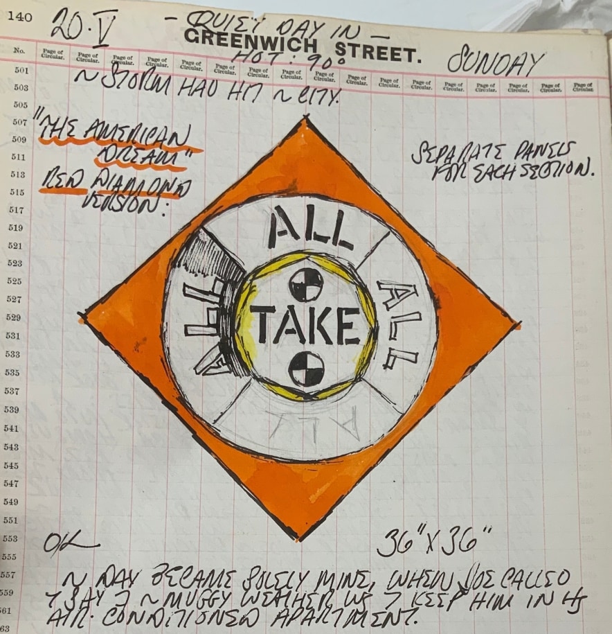 Detail from Robert Indiana's journal entry for May 20, 1962 featuring a sketch of the right panel of the painting The Red Diamond American Dream #3