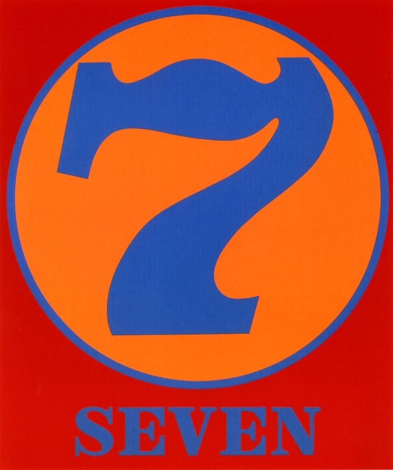 A 60 by 50 inch red canvas dominated by a blue numeral seven within an orange circle with a blue outline. Below the circe the work's title, &quot;Seven,&quot; is painted in blue letters.