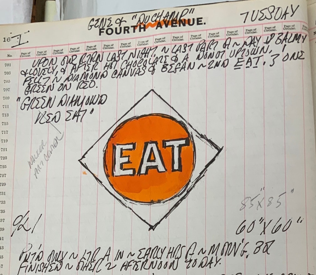Detail from one of Robert Indiana's January 1962 journal pages featuring a sketch of the. EAT panel from The Green Diamond Eat/The Red Diamond Die
