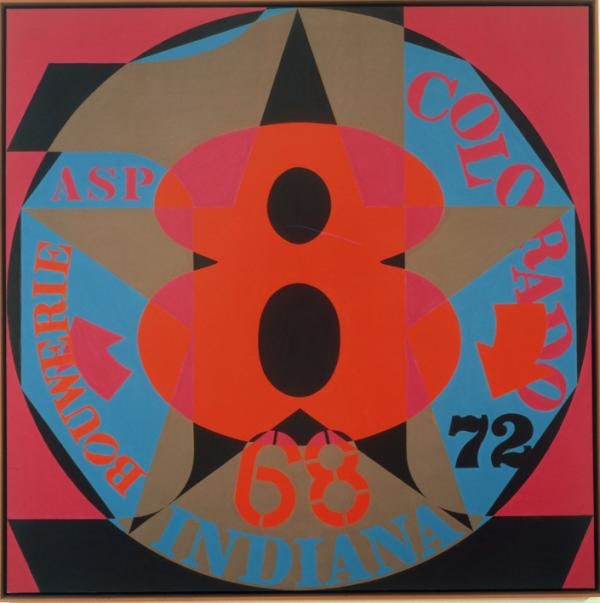 Decade: Autoportrait 1968 is a 72 inch square painting with a red ground. A circle containing a blue decagon dominates the canvas. In the center of the circle is a large brown, black, and magenta numeral one. Painted on top of the one is a brown, black, and magenta star, and on top of the star is a red and magenta numeral eight. Text, arrows and numbers are painted in the spaces between the arms of the stars. On the right side Colorado is painted in red letters, with a red arrow covering part of the letters D and O. Below the arrow is a black 72. Indiana is painted in blue at the bottom of the circle, with a red 68 above.  &quot;Asp&quot; is painted in red in the upper left, and &quot;Bouwerie&quot; in red, with a magenta arrow to its right, appear in the lower left side.
