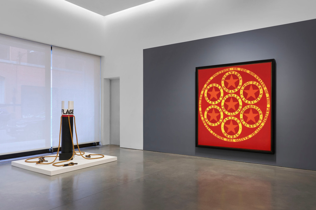 Installation view, Robert Indiana: The American Dream, Pace Gallery, New York, May 9&ndash;August 15, 2025. Left to right, Flagellant (1963/1969) and The Calumet (1961)