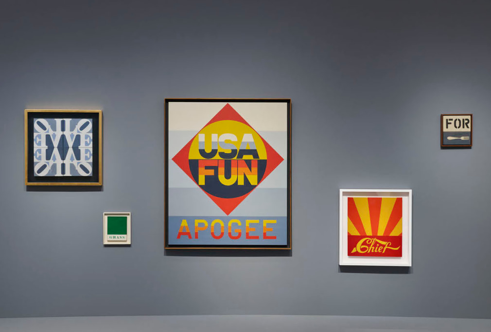 Installation view, Robert Indiana: The American Dream, Pace Gallery, New York, May 9&ndash;August 15, 2025. Left to right, LOVE Wall (1968), Grass (1962), Apogee (1970), Chief (1969), and For (1962)